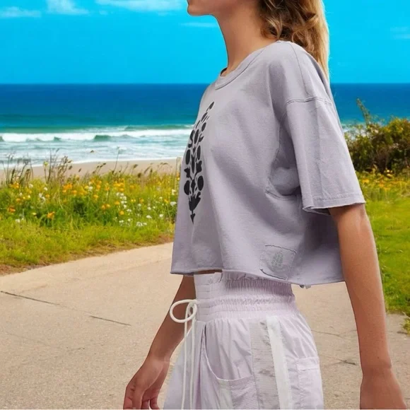 New 🔥 Free People Movement Inspire Buti Logo Boxy Crop Tee, Gray / Black - Picture 6 of 16